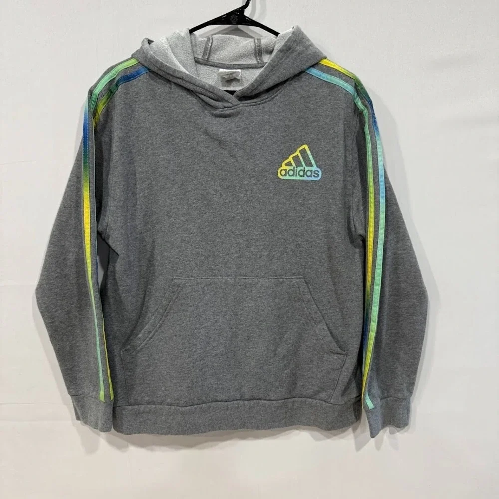 Adidas Kids Gray Heather Rainbow Stripe Pullover Hoodie Gradient Logo Sweatshirt